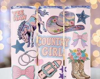 Country Girl Western Cowgirl Faux Bordado PNG 20 oz Skinny Tumbler Design de Sublimação Download Digital Instantâneo SOMENTE DIGITAL,