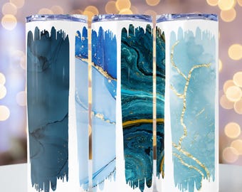 Padrão de pincelada azul de mármore dourado 20 oz copo fino modelo de sublimação design PNG sem costura presente de luxo para mãe ágata download instantâneo