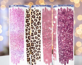 Glitter Leopard Brushstroke Pattern 20 oz Skinny Tumbler Sublimação Template Design Seamless PNG Cheetah Mom Gift Spring Download instantâneo