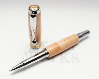 Executive Rollerball Pen - Triton Style - Bird's Eye Maple Wood with Chrome and Gold Accents (Gift Ready)