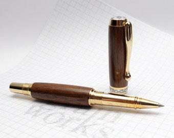 Handcrafted Wood Rollerball Pen - Triton Style - Macassar Ebony with Gold and Chrome Accents (Gift Ready)