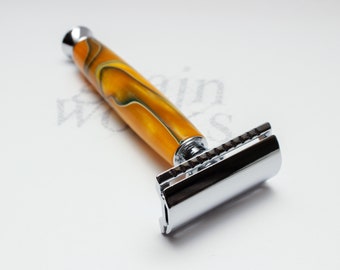 Handcrafted Classic Razor - Artisan Safety Style - Yellow Jacket Acrylic with Chrome Accents (Gift Ready)