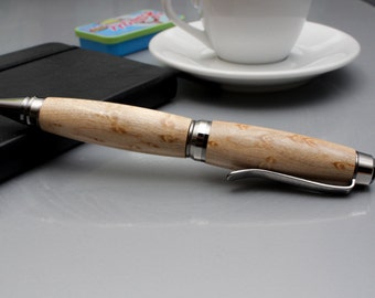 Wood Ballpoint Pen - Cigar Hybrid Style - Bird's Eye Maple with Black Titanium and Platinum Accents (Gift Ready)