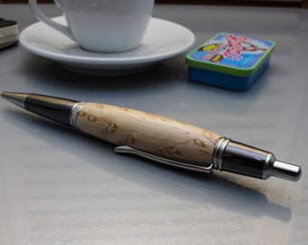 Handcrafted Ballpoint Pen - Sierra Button-Click Style - Bird's Eye Maple Wood with Black Titanium & Platinum Accents (Gift Ready)