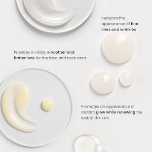 Peut inclure: Gros plan sur des produits de soin de la peau sur des assiettes blanches. L'image comprend du texte qui se lit comme suit : "Procure un aspect visiblement plus lisse et plus ferme pour le visage et le cou." et "R&eacute;duit l'apparence des ridules et des rides."