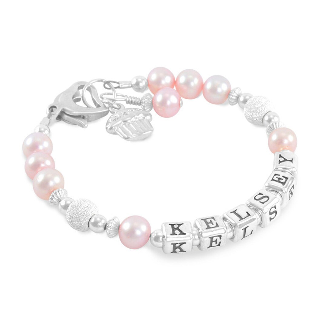 1st Birthday Bracelet Gift for Girl Personalized Name Pink Pearls