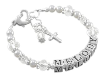 Baptism Bracelet, Cross Bracelets, christening, confirmation gift, childrens jewelry goddaughter gifts, niece, dedication, silver, MELODY