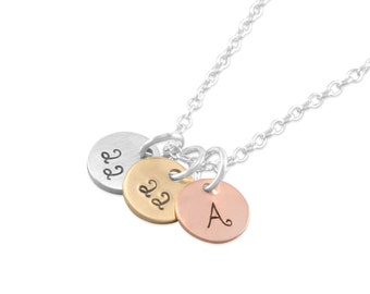 Rose Gold Initials Necklace, letters, number, mixed metal Mother's Day gifts pendant personalized gifts mom, nana, grandma, TINY DISCS