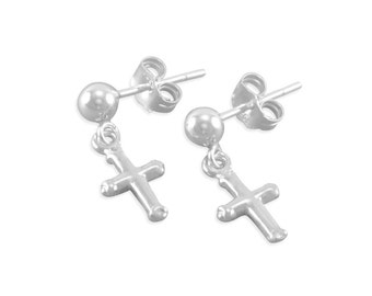 Cross Earrings, Sterling Silver, small, childs jewelry, ball posts, for child, post earrings, for niece, christening, confirmation ANGELICA