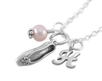 Ballet Slipper Necklace, Sterling Silver, Dancer, pink pearl, ballerina, shoe charm, personalize, initial, recital gifts, for niece, HANNAH