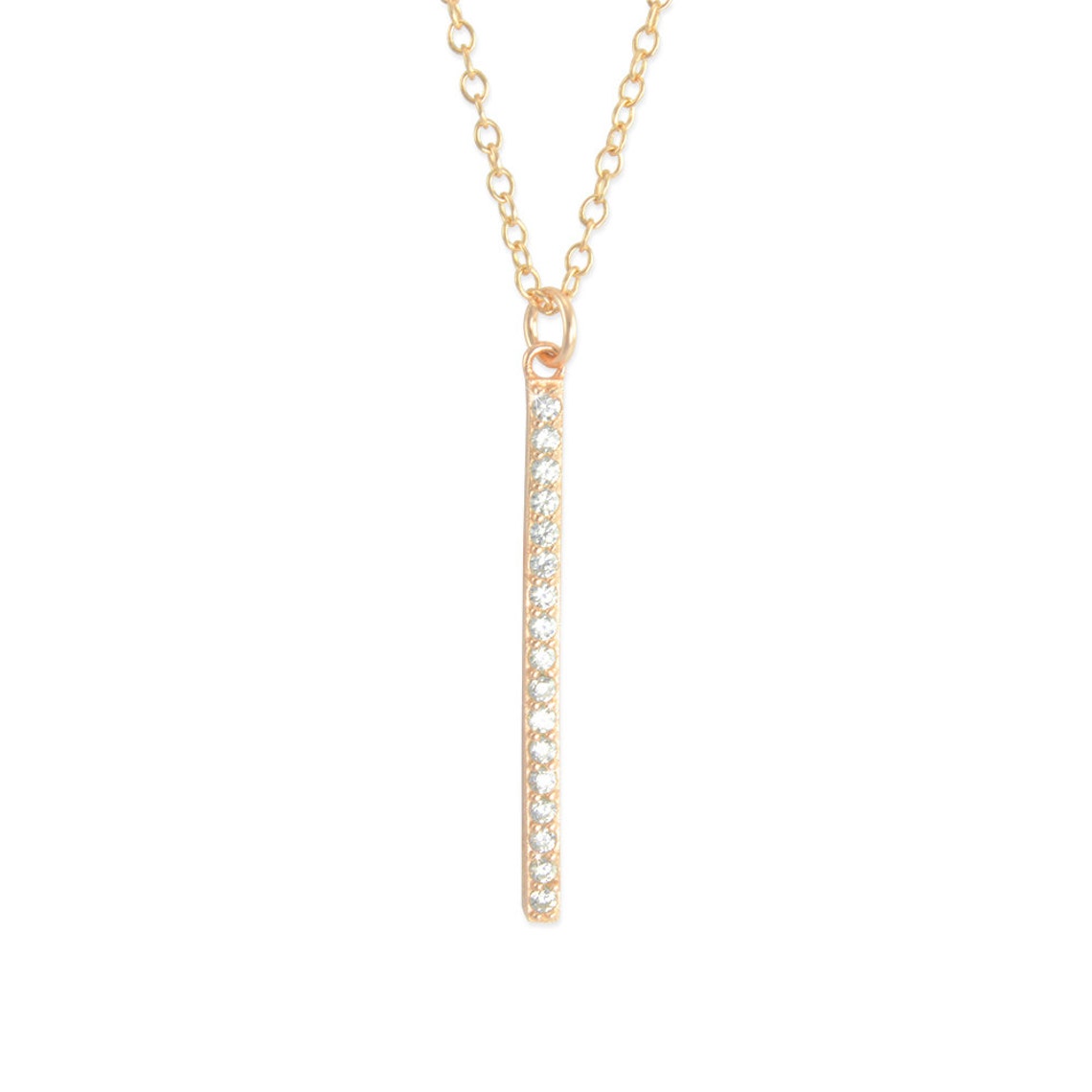 14K Gold Vertical Bar Necklace CZ Sterling Silver Minimal Etsy