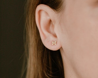 Initial Earrings • Tiny Letter Solid 18k Gold • 14k • Yellow • Rose • White • Small • Stud • Screw back option • Individual • Fine Jewelry