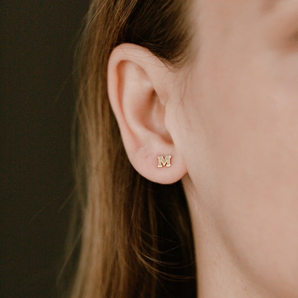 Initial Earrings • Tiny Letter Solid 18k Gold • 14k • Yellow • Rose • White • Small • Stud • Screw back option • Individual • Fine Jewelry