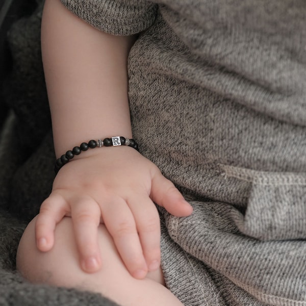 Bracelet bébé garçon • Perles noires • Onyx • Argent sterling • Cadeau de naissance pour garçon • Cadeau pour jumeaux • Pour petit-fils • Neveu • PHILIP