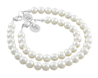 Mommy and Me Pearl Bracelets Sterling Silver Mother Daughter, mothers day Jewelry personalized initial disc matching present For Mom. MILA