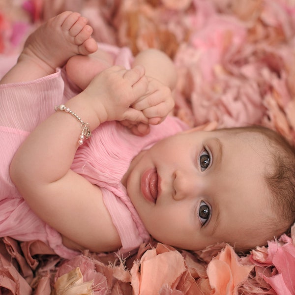 Baby Girl Gift • Name Bracelet • Sterling Silver • First Birthday • Personalized Present • Pink Pearls • Infant Jewelry • For Niece •  ANYA