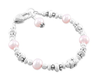 Baby Baptism Bracelets, christening, pearl, pink pearls cross, childs jewelry, girl bracelets, goddaughter gift, for niece, heart ANNABELLE