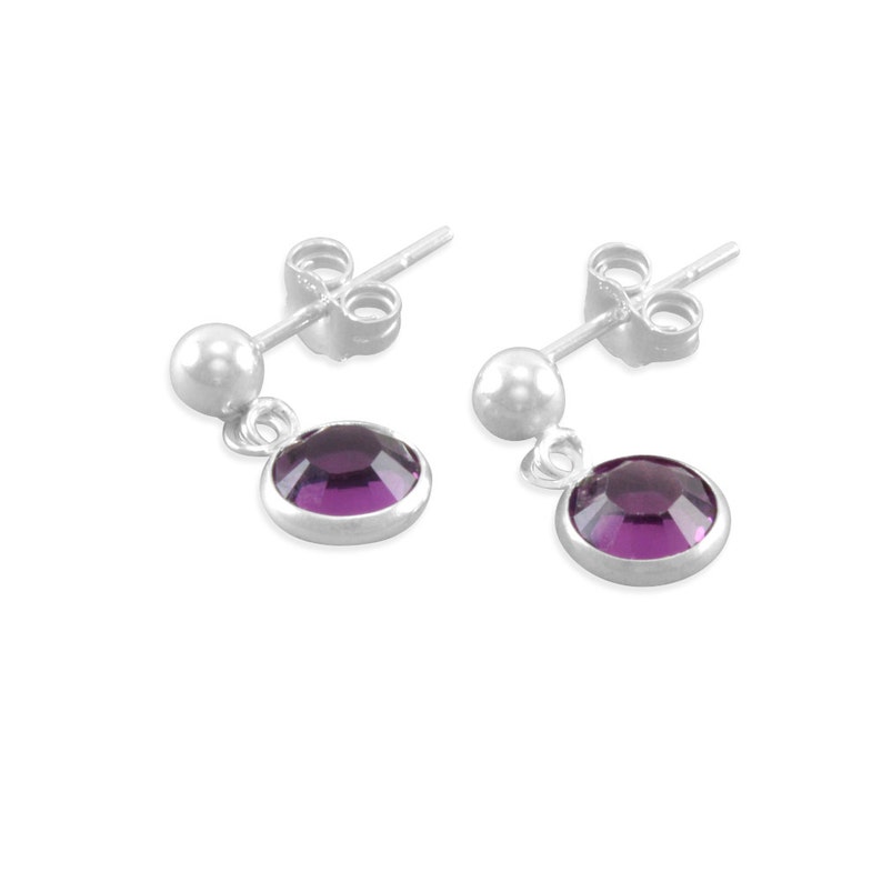 Little Girls Earrings Birthstone Earrings Sterling Silver February Birthstones Purple Flower Girl Jewelry Small Stud Dangles image 3