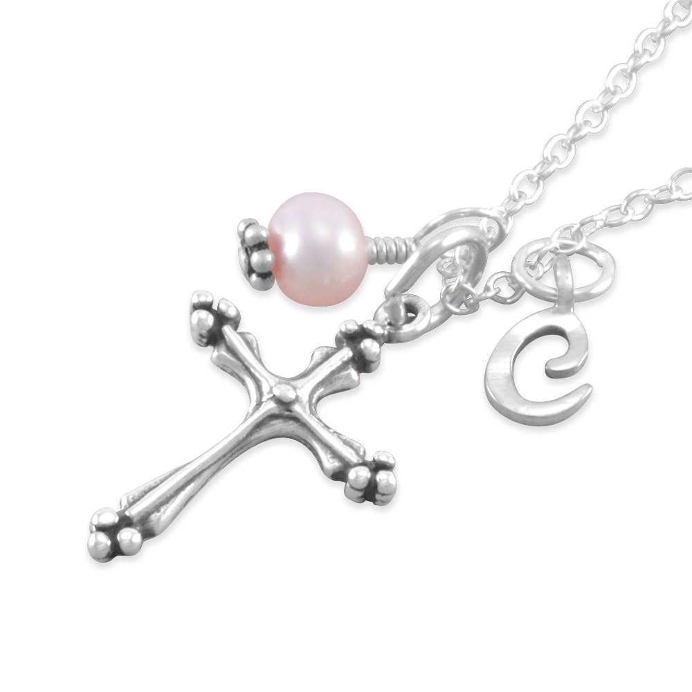 Little Girls Cross Necklace pink pearl personalized baptism Etsy