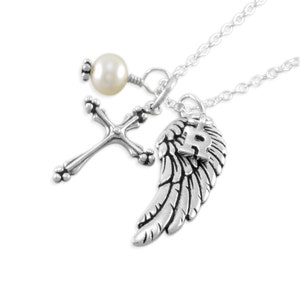 Presente de condolências: Colar de lembrança com cruz de asa de anjo em prata esterlina