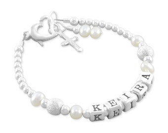 Baptism Bracelet • Baby Christening Gift • Infant Name Jewelry • Cross Bracelets • First Communion Gifts • For Goddaughter • Niece • KEIRA