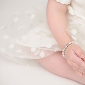 Baby Girl Gift, Baby Name Bracelet, Sterling silver, first birthday, personalized, present, pink pearls, infant jewelry, childrens, ANYA