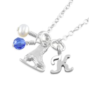 Ice Skate Necklace, Sterling Silver, figure skating necklaces, personalize child, birthstone, frozen, winter, girl kids, initial KATARINA