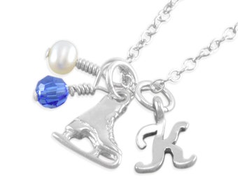 Ice Skate Necklace, Sterling Silver, figure skating necklaces, personalize child, birthstone, frozen, winter, girl kids, initial KATARINA