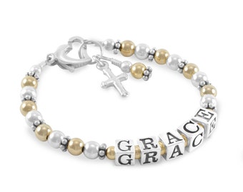 Baby Baptism Bracelet • Gold Name Bracelet • Baby Girl • Personalized Name • Cross Charm • Christening Gift • First Communion • Niece GRACE