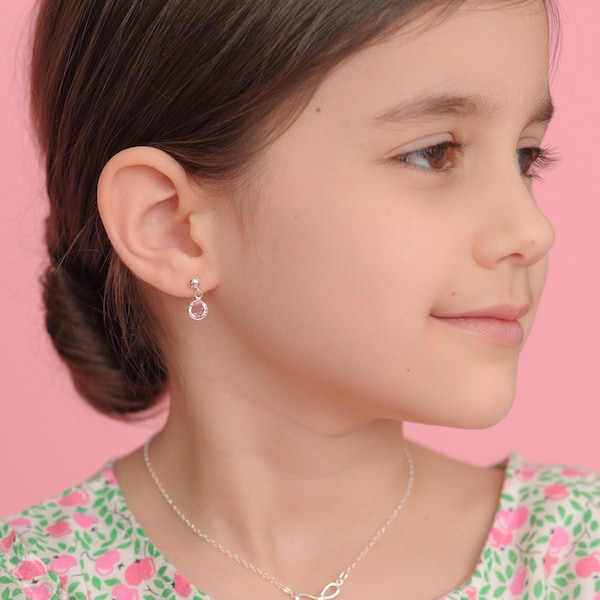 Geburtsstein Ohrringe • Kleine Mädchen • Sterling Silber • Rosa • Geburtstag Schmuck • Klein • Oktober • Geschenk für Mädchen • Für Tochter