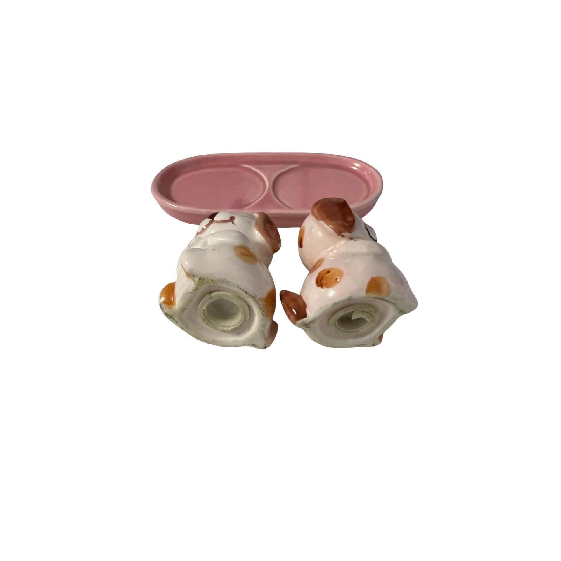 Vintage Japan Puppy Dog Salt and Pepper Shakers With Pink Tray
