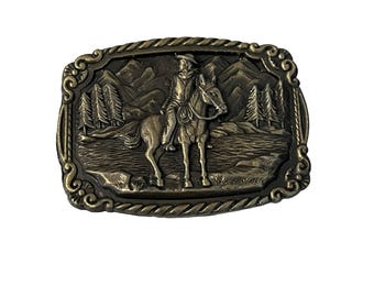 Vintage Western Cowboy Belt Buckle Horse Mountain Scene Antique Gold Tone 3x2