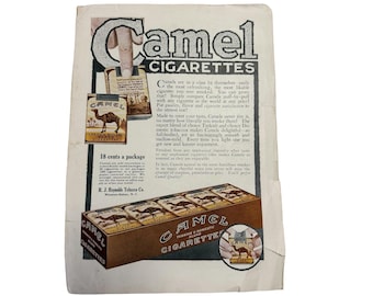 Anuncio de revista antiguo de cigarrillos Camel y caramelos Tootsie Rolls de nuez, página de doble cara. Material efímero.