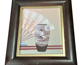 Artistic Interiors Inc. Framed Asian-Inspired Art Print “Vase with Cranes & Fan” 8x10 – Certified