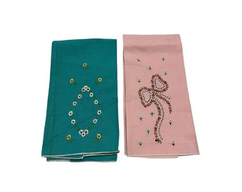 Juego de paños de cocina de lino bordados vintage con bordado floral rosa y verde, 20x13