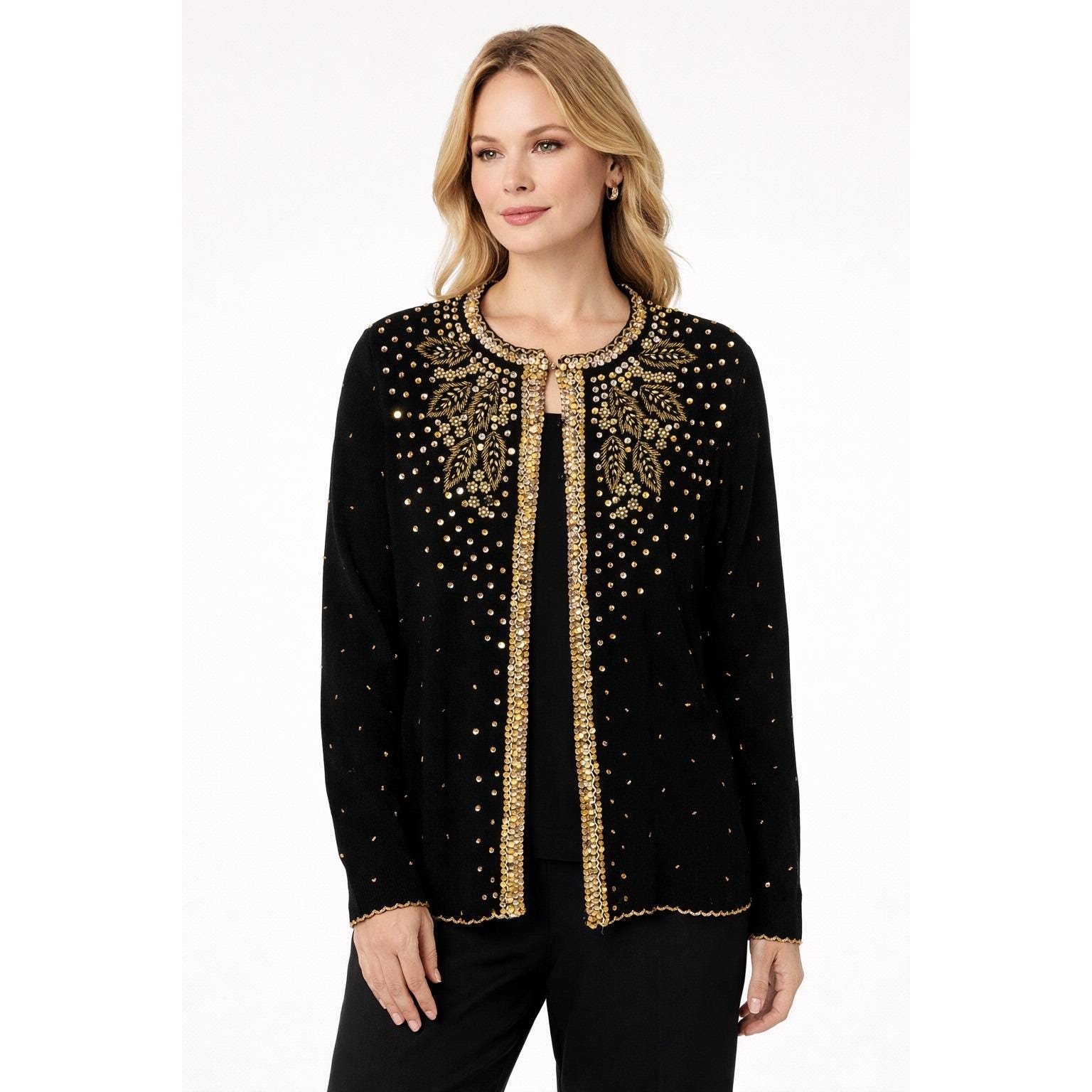 Nu Chic Beaded Lambswool Cardigan Sweater Black Gold Size 46 - Etsy