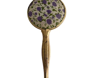 Vintage Floral Hand Mirror Purple Rose Vanity Mirror Gold Tone Frame