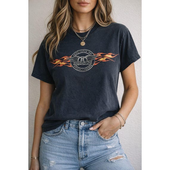 Aerosmith Aero Force One T Shirt Black Flame Logo Band Tee Small