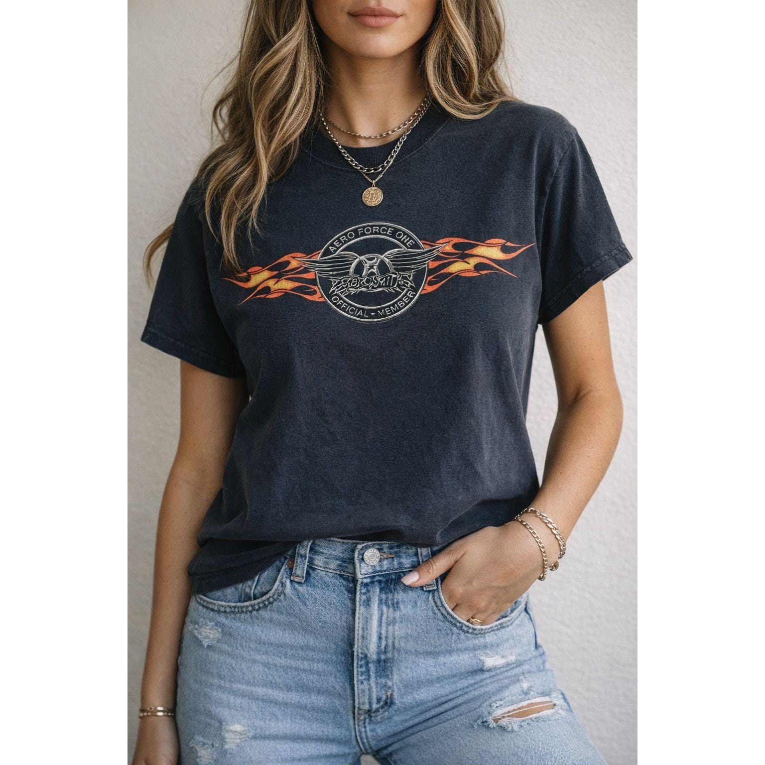 Aerosmith Aero Force One T Shirt Black Flame Logo Band Tee Small