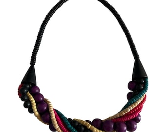 Vintage Multicolor Wooden Bead Statement Necklace – 9.25” Drop – 1980s Boho Retro