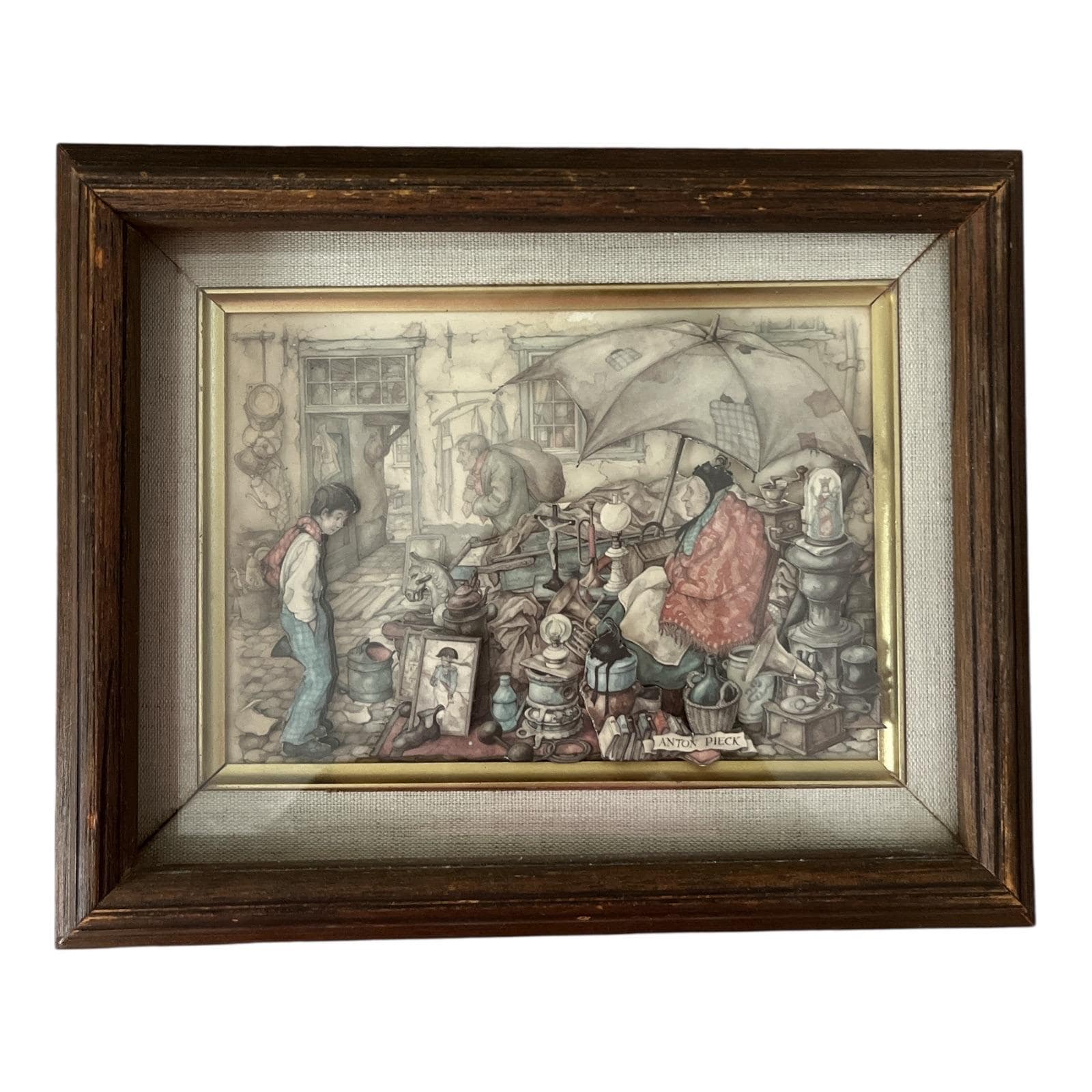 立体絵画　ANTON PIECK Vintage Anton Pieck Framed 3D Art Print – Old Market Scene With