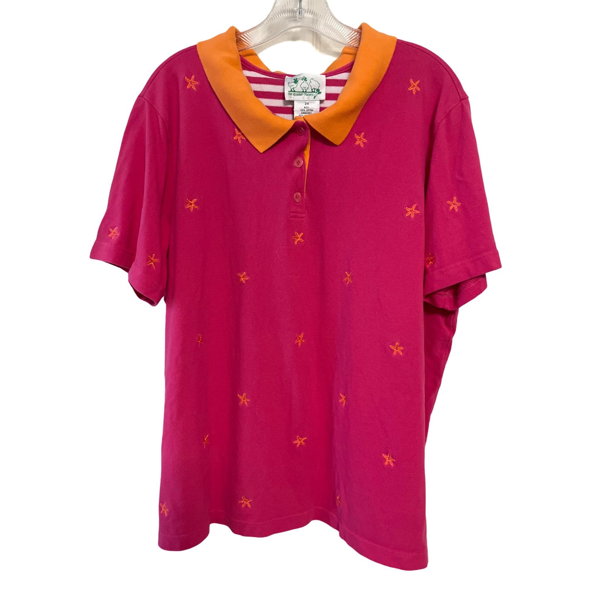 Quacker Factory Women's 2X Pink Starfish Polo Shirt Orange Collar