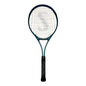 May include: A tennis racket with a dark teal and black frame and a black grip. The strings are white. The racket is designed for competitive play. The racket is a sports equipment item.