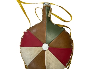 Vintage Leather Wrapped Canteen Flask – Multicolor Patchwork Design with Strap – Boho Decor
