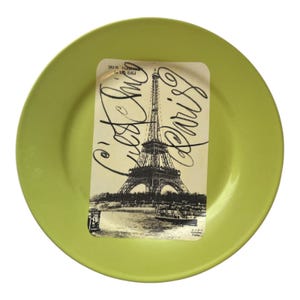 Assiette décorative verte vintage – Modèle de carte postale Tour Eiffel « C'est Chic Paris »