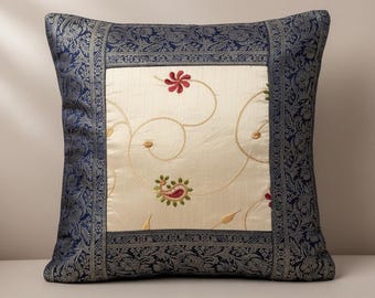 Vintage Blue & Gold Silk Brocade Pillow Cover Floral Embroidery 16”