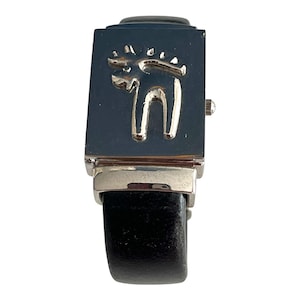 Vintage Moose Motif Hunter Case Cuff Watch Wide Black Leather Band Japan Quartz Hinged Lid