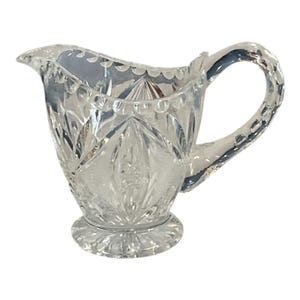 Antique EAPG Glass Creamer Pitcher – Oval Window Diamond Pattern, Starburst Base – Minor Nick Handle