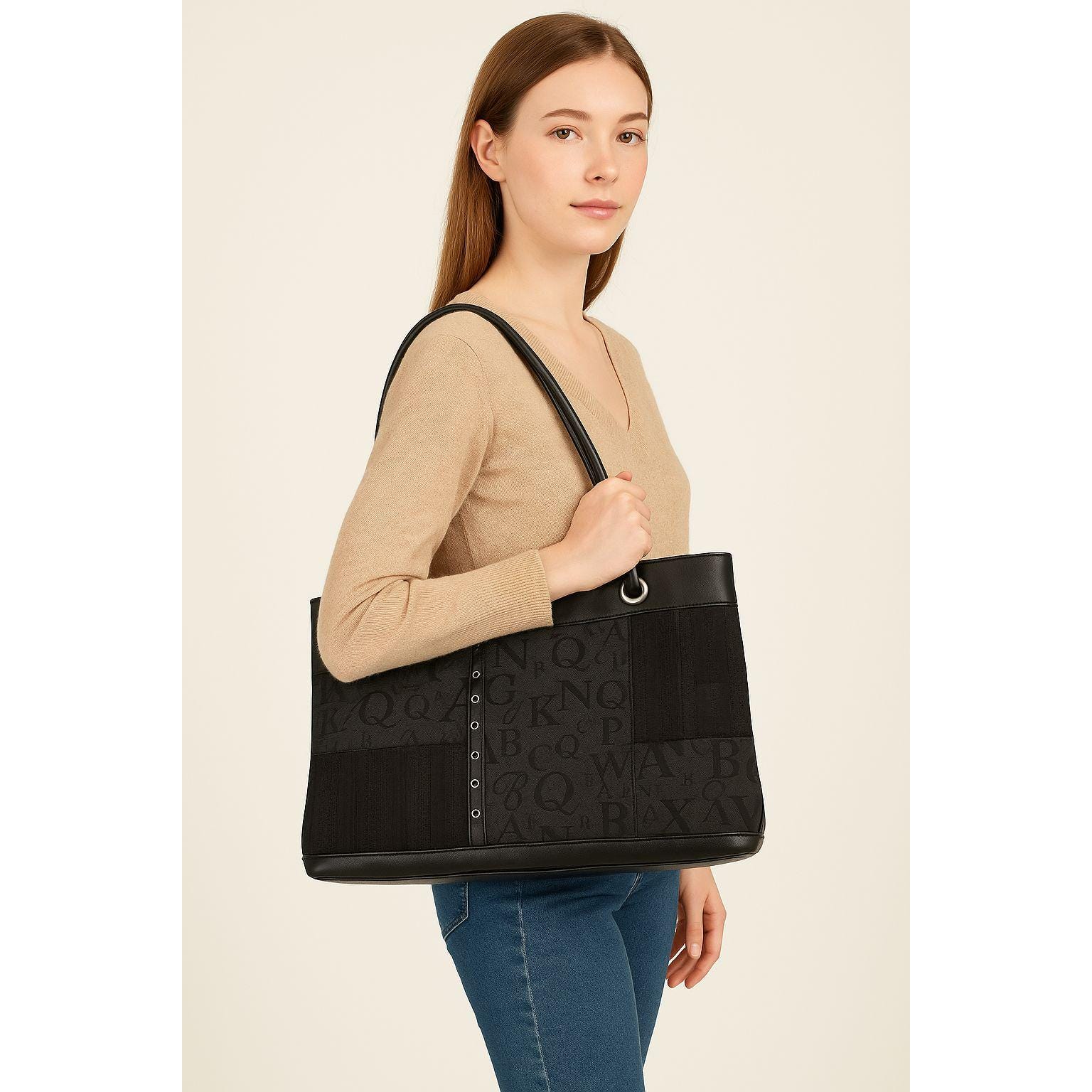 Sag Harbor Black Alphabet Patchwork Tote Bag Faux Leather Shoulder