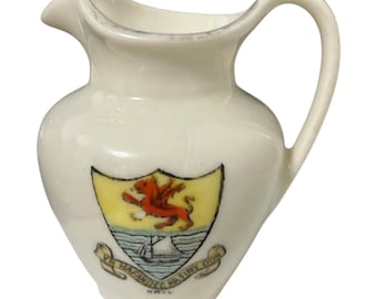 Antique C & M Premier Crested China Pitcher – Rhyl Welsh Souvenir Jug, Made in England, 1900s–1930s